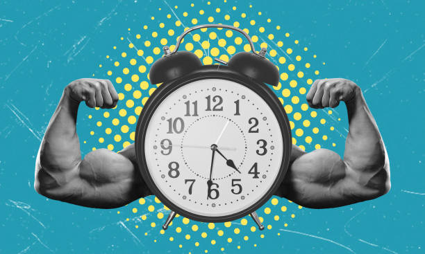 Art collage, strong hands and alarm clock on blue background.