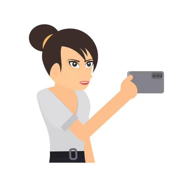 Vector illustration of Woman with a phone. Take pictures on a mobile phone