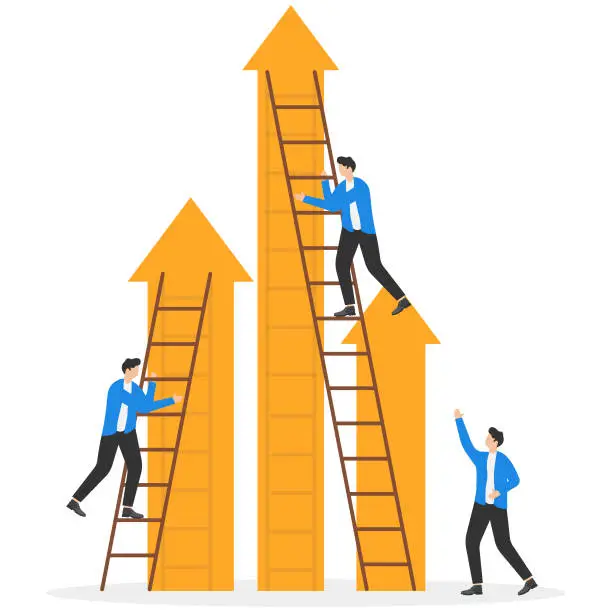 Vector illustration of Business competition concept-Group of competitive business people climbing the ladder on a cloud