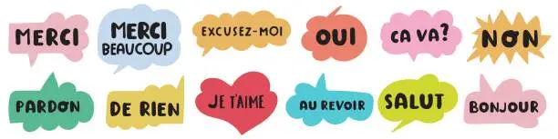 Vector illustration of Set of French phrases. Colorful speech bubbles.