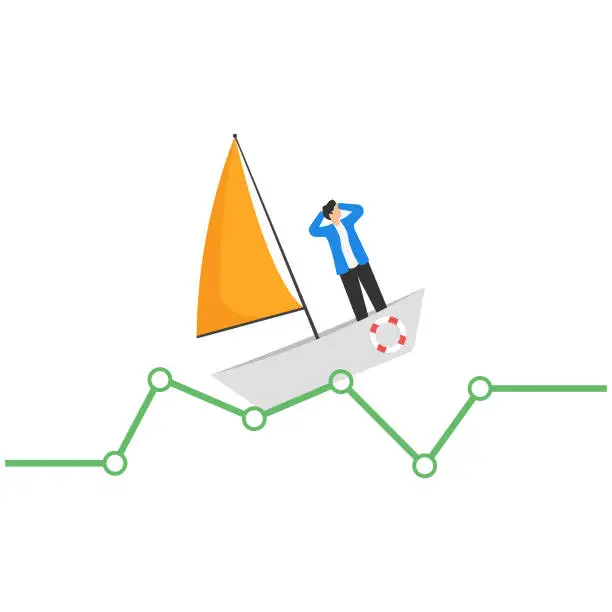 Vector illustration of Leadership to success business, investment volatility metaphor, financial stock market fluctuation rising up and falling down concept, investors standing in paper boat on fluctuated market chart