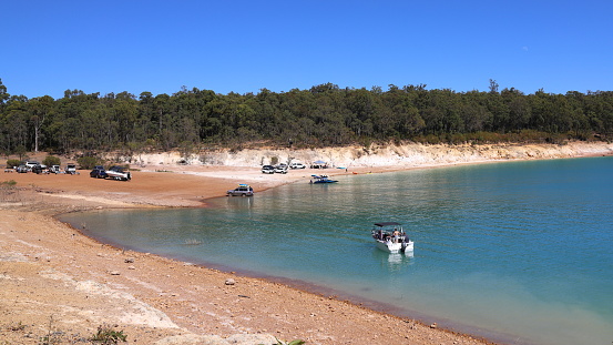 Boat ramp, launch area at Logue Brook Dam (Lake Brockman). Turquoise colored water. Water sports.