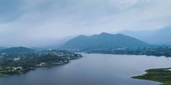aerial nature view of lake in the mountain