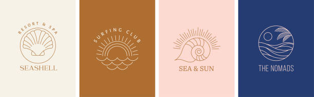 Bohemian linear logos, icons and symbols, sea, ocean, beach and surfing. Sun, seashell and palm design templates, geometric abstract design elements for decoration. Vector illustration