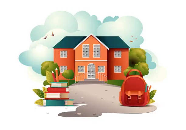 Vector illustration of School building exterior of university, college, high school or public library. Vector cartoon illustration of landscape with stack of books and schoolbag in the foreground