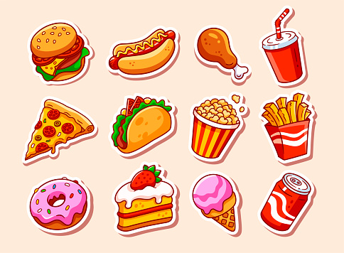 Fast food illustrations stickers set. Vector collection. Fast food cartoon icons. Hamburger, hot dog, pizza, taco, popcorn and other delicious food isolated on beige background. Perfect for menu designs and food apps.
