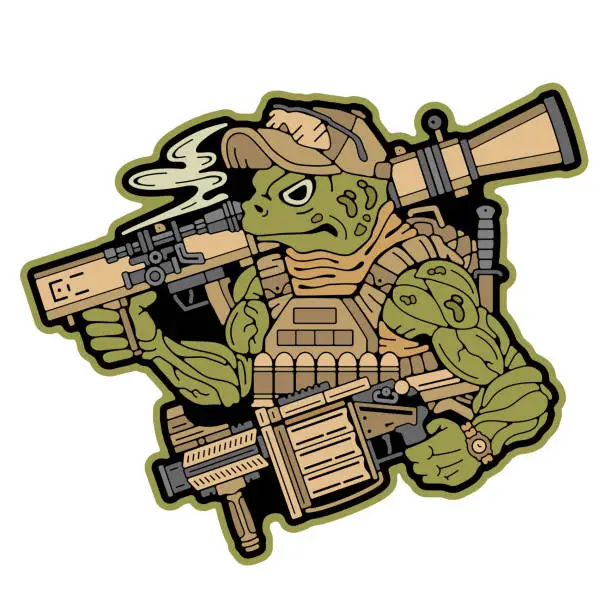 Vector illustration of Military patch. Army badges on clothes. Military Frog. Green Frog holding a weapon. Army stamp. Military emblem. Stock Vector Image