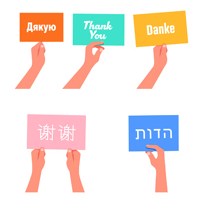 Hands raised poster thank you. Thank you lettering in different languages.