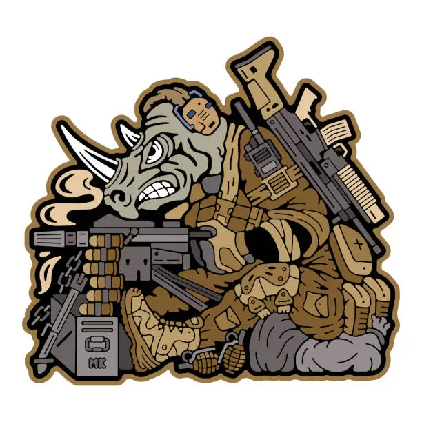 Vector illustration of Military patch. Army badges on clothes. Military Rhino. Rhinoceros holding a weapon. Army stamp. Military emblem. Stock Vector Image