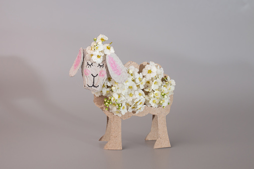 Top-down view of sheep craft, Cut-out from repurposed toilet paper roll, detailed with flowers