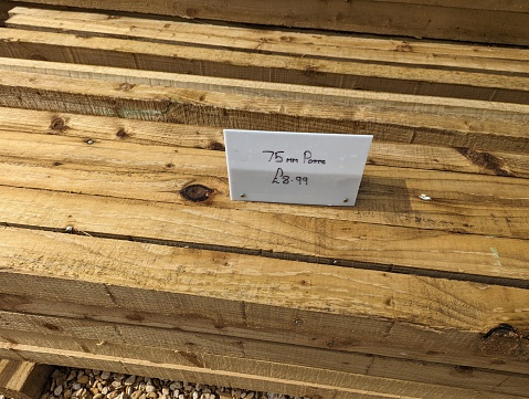 A stack of wooden planks with a price tag displaying the length and price suggesting a timber merchant's pricing strategy