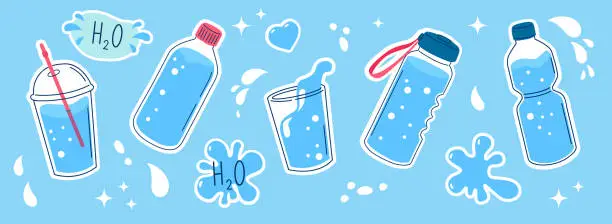 Vector illustration of Water in glass, plastic bottle, thermos. Collection of cute flat style vector templates for sticker, patch, badge.