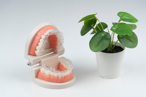 Close-up. Transparent aligners for artificial jaw teeth.