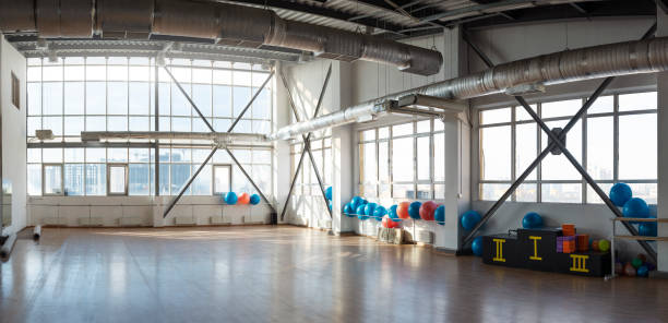 Large, spacious sports hall for training and physical education. Panoramic photo