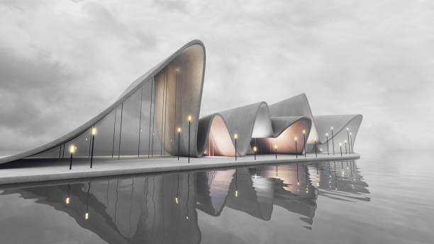 istock Futuristic architecture design on waterfront. 3D render of modern building with smooth curves. Overcast sky and serene water reflection. Concept of modern architecture and design. 2148124380