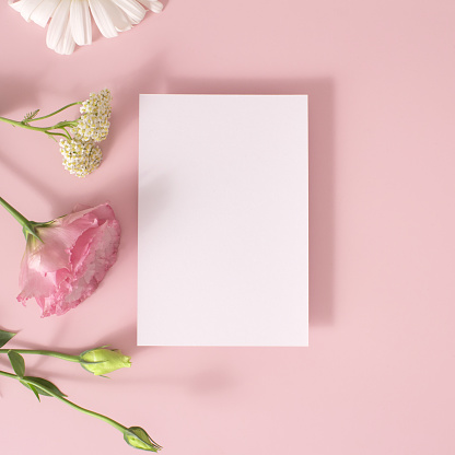 Greeting card mockup and flowers on pink background top view flatlay. Card mock-up with copy space.