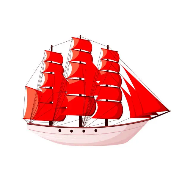 Vector illustration of A ship with red sails