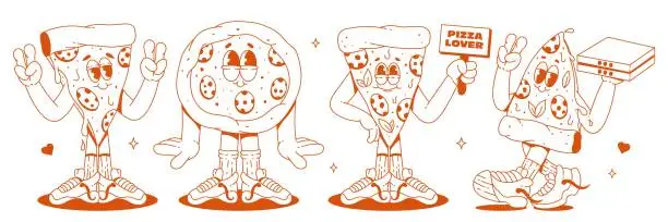 Vector illustration of A set of cool pizza characters in sneakers and various poses in a monochrome palette. Trendy retro groovy style. Maskots for bar, restaurant, cafe.