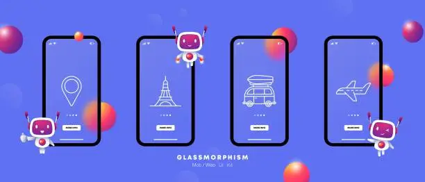 Vector illustration of Travel set icon. Geolocation, location, marker, Eiffel Tower, flight, plane, attraction, loaf, car, motorhome, gradient, hobby, rest. Tourism and wandering concept. Glassmorphism style.