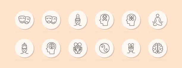 istock Mood icon set. Theater masks, smile, anger, yin yang, man, brain, fire, meditation, silhouette, sentiment care, patch, restoration, pastel. Controlling your condition concept. Vector line icon. 2148126145