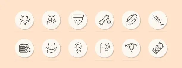 Vector illustration of Menstruation set icon. Condom, tampon, pad, pack of female gender pills, calendar, blood, lightning, female reproductive organ, toilet paper. Self care concept. Vector line icon.