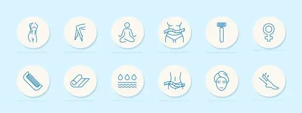 Vector illustration of Female beauty set icon. Female legs and figure, silhouette, meditation, liquid, skin, razor, ruler, comb, towel, hair removal, beauty, blue colors. Self care concept. Vector line icon.