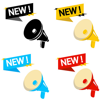 Megaphone set with Whats new speech bubble banner. Loudspeaker. Label for business, marketing and advertising. Vector illustration