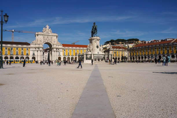 People Walking Around the Praca do Comercio in Lisbon, Portugal. February 1, 2024.