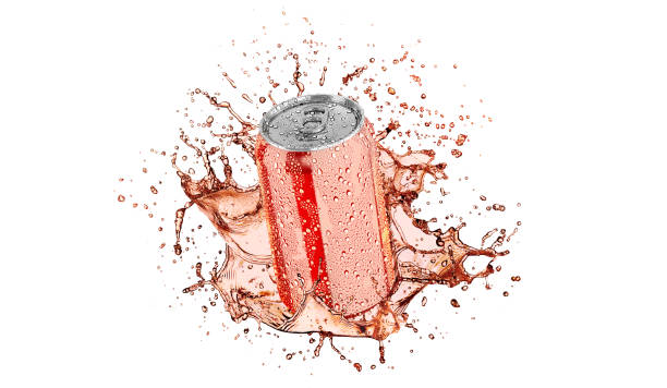 istock Blank red aluminum 330 ml soda can with drops splash mockup 2148127658