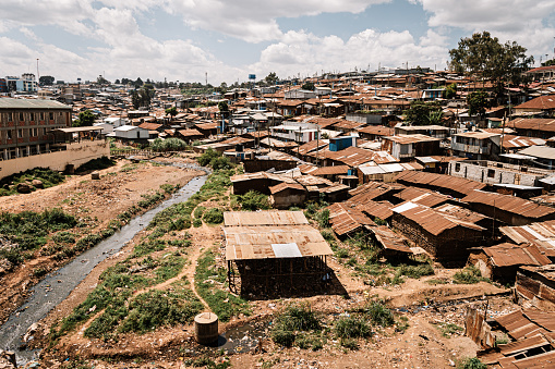 view of corrugated iron huts at Nairobi downtown Kibera slum neighborhood, Nairobi, Kenya, East Africa, one of the largest slums in Africa