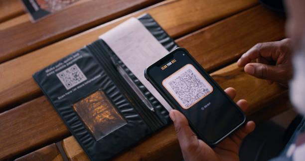Phone screen, hands and restaurant QR code for customer bills, receipt and information or online payment. Person with mobile app for digital barcode of menu, price or order at cafe or diner for lunch