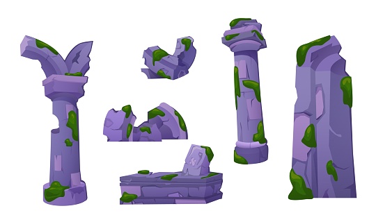 Ancient ruins set - destroyed architecture or monuments of old civilizations and tribal culture. Cartoon vector collection of ruined medieval antique constructions stones and columns with moss.
