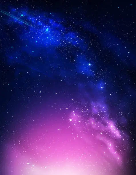 Vector illustration of Night Sky Galaxy,Cloud with Nebula,Starry in Dark Blue Background,Universe filled with Star light in Purple,Pink,Beautiful Nature Star field with Milky Way,Horizon banner colorful cosmos,stardust