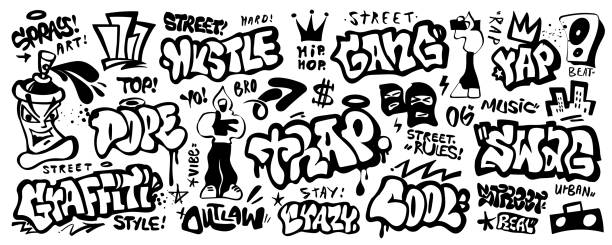 rap music graffiti hip hop culture symbols icon set , vector design element hip hop graffiti street art signs collection ,graphic background cartoon of painted skull faces stock illustrations