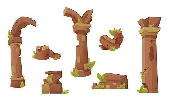 Ancient ruins set - destroyed architecture or monuments of old civilizations and tribal culture. Cartoon vector collection of ruined medieval antique constructions stones and columns with grass.