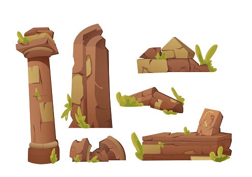 Ancient ruins set - destroyed architecture or monuments of old civilizations and tribal culture. Cartoon vector collection of ruined medieval antique constructions stones and columns with grass.