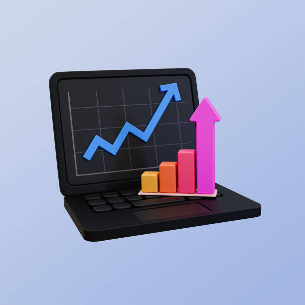 istock 3d minimal laptop with a bar graph and an arrow rising. 3d illustration. 2148129128