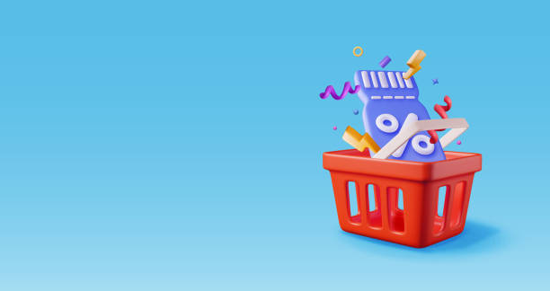 istock 3d shopping basket and coupon with percent symbol 2148129604