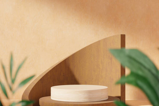 istock Creative wooden object and podium with potted plants 2148129828