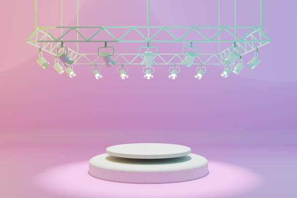 istock Creative podium with decorative metal stage spot lights. 3d render 2148129840