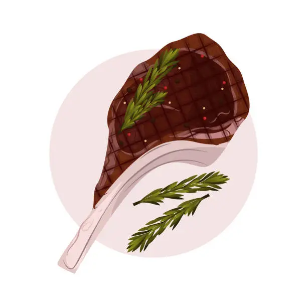 Vector illustration of Grilled steak illustration. Tomahawk steak on a light background. Serving the dish. B-B-Q.