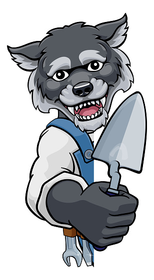 A wolf bricklayer builder construction worker mascot cartoon character holding a trowel tool and peeking around a sign