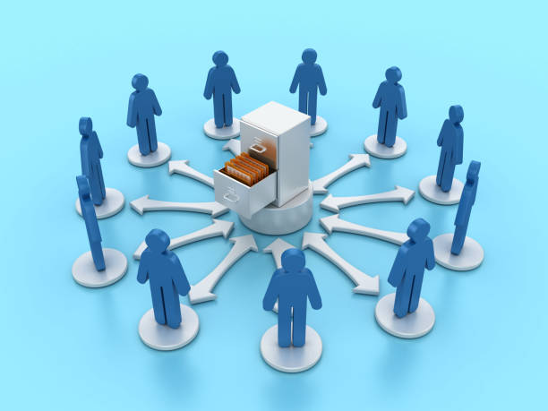 Archives with Folders and Pictogram Teamwork People - Colored Background - 3D Rendering