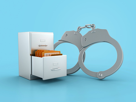 Archives with Folders and Handcuffs - Colored Background - 3D Rendering