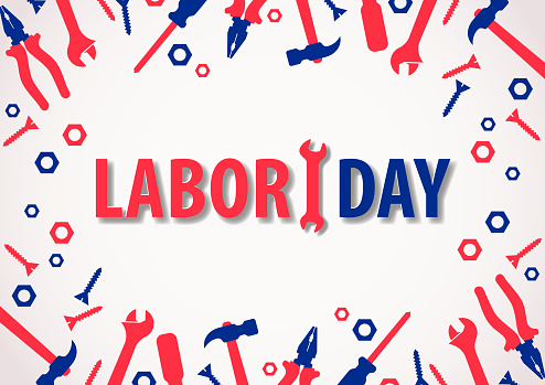 Group of work tools consist of helmet, axe, screwdriver, piler, screw, nut-fastener, wrench, open end wrench and hammer for celebrating the Labor Day