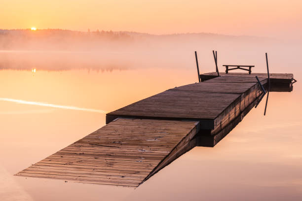istock Wooden jetty on still lake at sunrise 2148132732