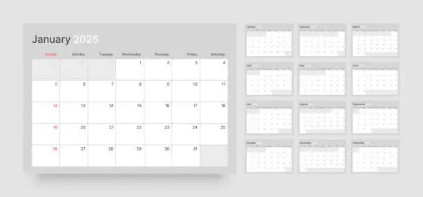 Vector illustration of Monthly calendar for 2025 year. Starts on Sunday.