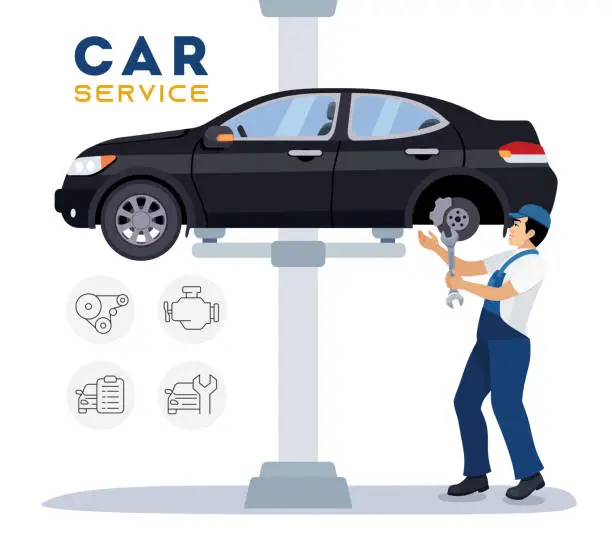Vector illustration of Auto service and repair. Mechanic repairing a car in a garage.