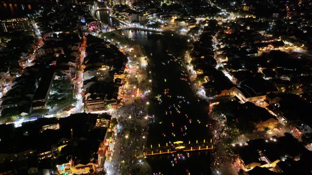 Drone view Lantern festival in ancient town Hoi An at night, Quang Nam province, Vietnam.