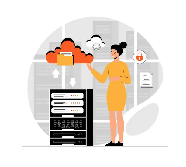 Vector illustration of Cloud computing, storage concept. File transfer, data backup, document storage, cloud technology, upload and download. Illustration with people scene in flat design for website and mobile development.